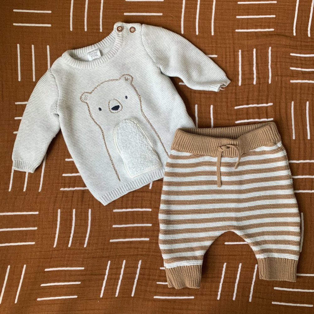 Baby's Knitted Bear Top and Bottom Set